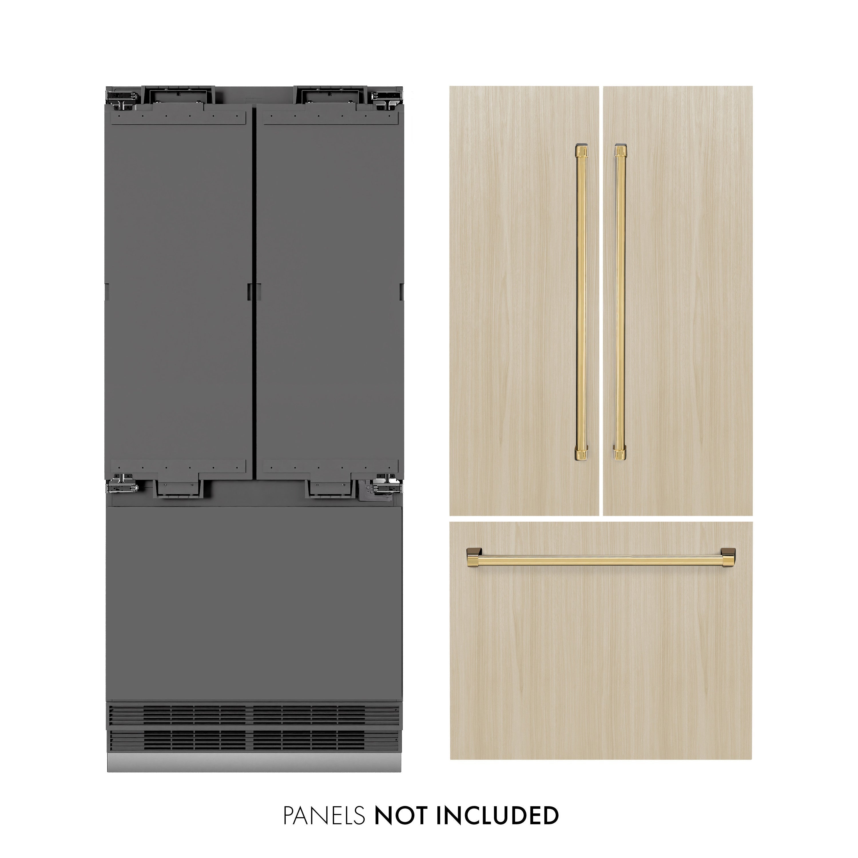 ZLINE 36 in. Panel Ready French Door Built-In Bottom Freezer Refrigerator 19.6 cu. ft. Water Dispenser Ice Maker Graphite Gray Interior Polished Gold Accents (GRBIVZ-36-G)