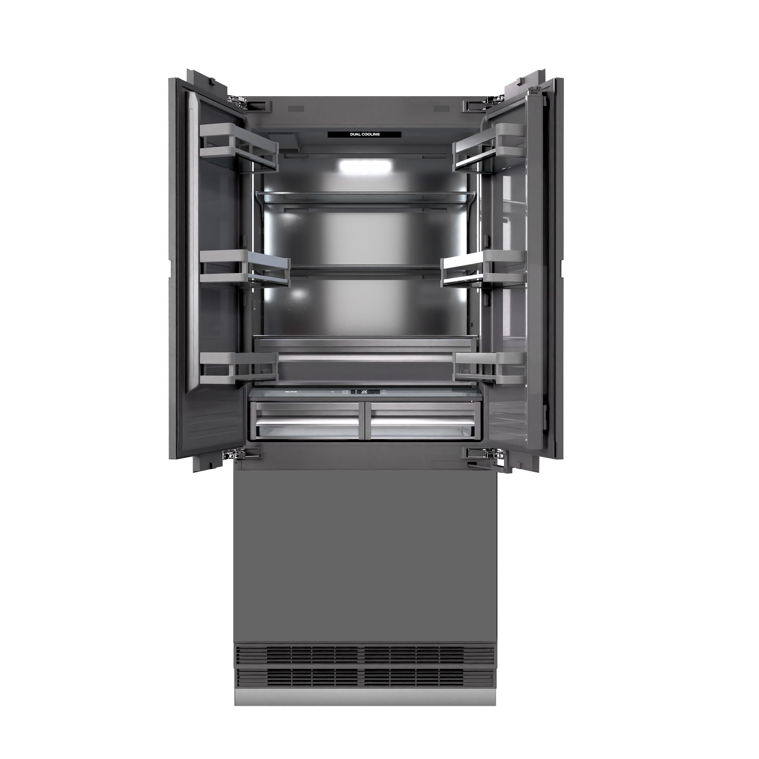ZLINE 36" Built-In French Door Refrigerator Panel Ready 19.6 cu. ft. Water Dispenser Ice Maker Graphite Gray Interior Matte Black Accents (GRBIVZ-36-MB)