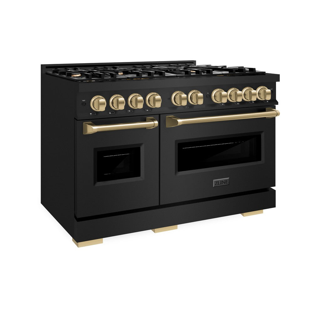 ZLINE 48 in. Dual Fuel Range with Double Oven – 6.7 cu. ft. Capacity, 8 Burners, Black Stainless Steel with Champagne Bronze Accents (CDRBZ-48-CB)