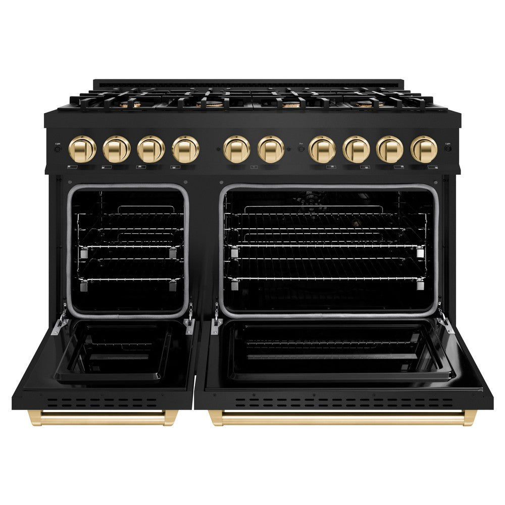 ZLINE 48 in. Dual Fuel Range Double Oven 6.7 cu. ft. Capacity 8 Burners Black Stainless Steel with Polished Gold Accents (CDRBZ-48-G)