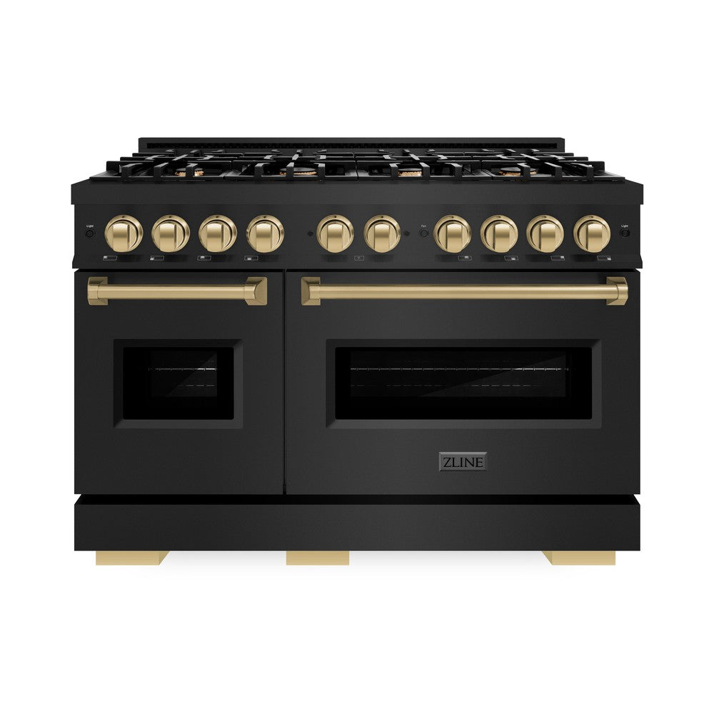 ZLINE 48 in. Gas Range Double Oven 6.7 cu. ft. 8 Burners Black Stainless Steel with Champagne Bronze Accents (CGRBZ-48-CB)