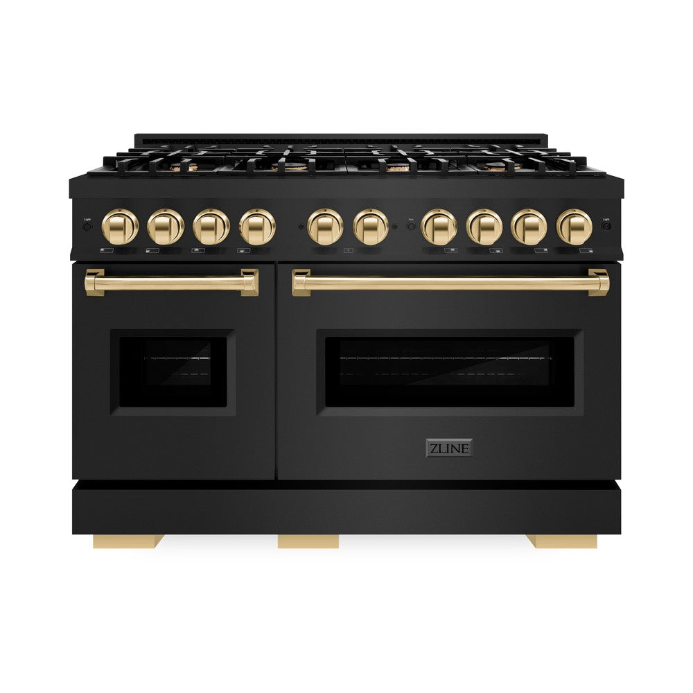 ZLINE 48 in. Gas Range Double Oven 6.7 cu. ft. Capacity 8 Burners Black Stainless Steel Polished Gold Accents (CGRBZ-48-G)