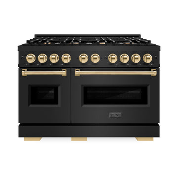 ZLINE 48 in. Gas Range Double Oven 6.7 cu. ft. Capacity 8 Burners Black Stainless Steel Polished Gold Accents (CGRBZ-48-G)