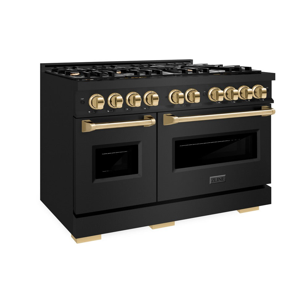 ZLINE 48 in. Gas Range Double Oven 6.7 cu. ft. Capacity 8 Burners Black Stainless Steel Polished Gold Accents (CGRBZ-48-G)