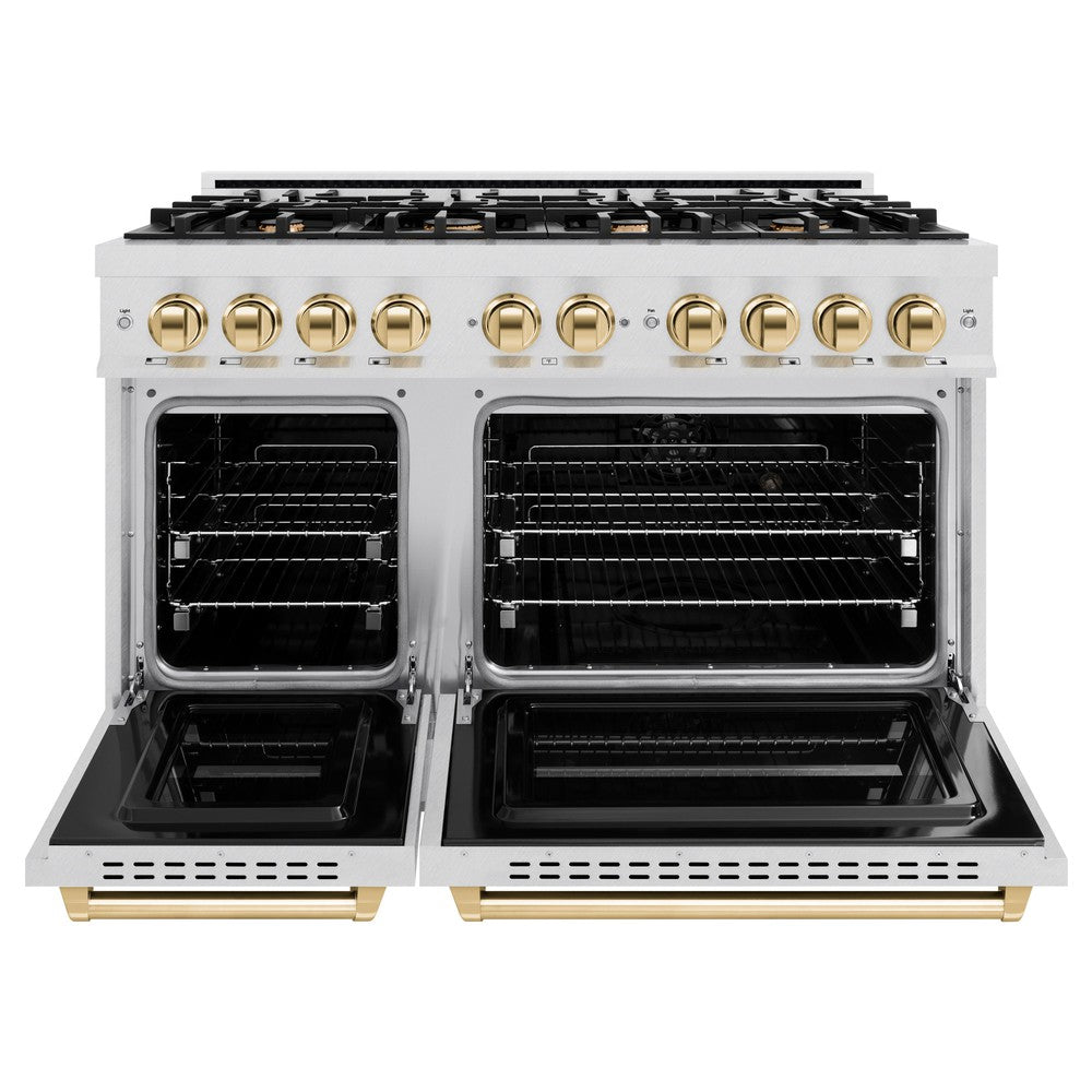 ZLINE 48 in. Dual Fuel Range 6.7 cu. ft. Double Oven with 8 Burner Gas Cooktop, Satin Stainless Steel with Polished Gold Accents (CDRSZ-48-G)