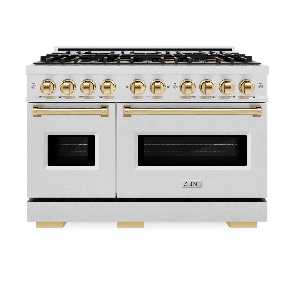 ZLINE 48 in. Dual Fuel Range 6.7 cu. ft. Double Oven with 8 Burner Gas Cooktop, Satin Stainless Steel with Polished Gold Accents (CDRSZ-48-G)