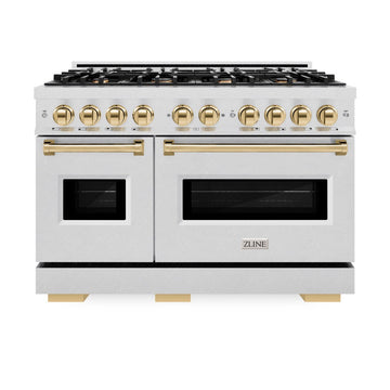 ZLINE 48 in. Dual Fuel Range 6.7 cu. ft. Double Oven with 8 Burner Gas Cooktop, Satin Stainless Steel with Polished Gold Accents (CDRSZ-48-G)
