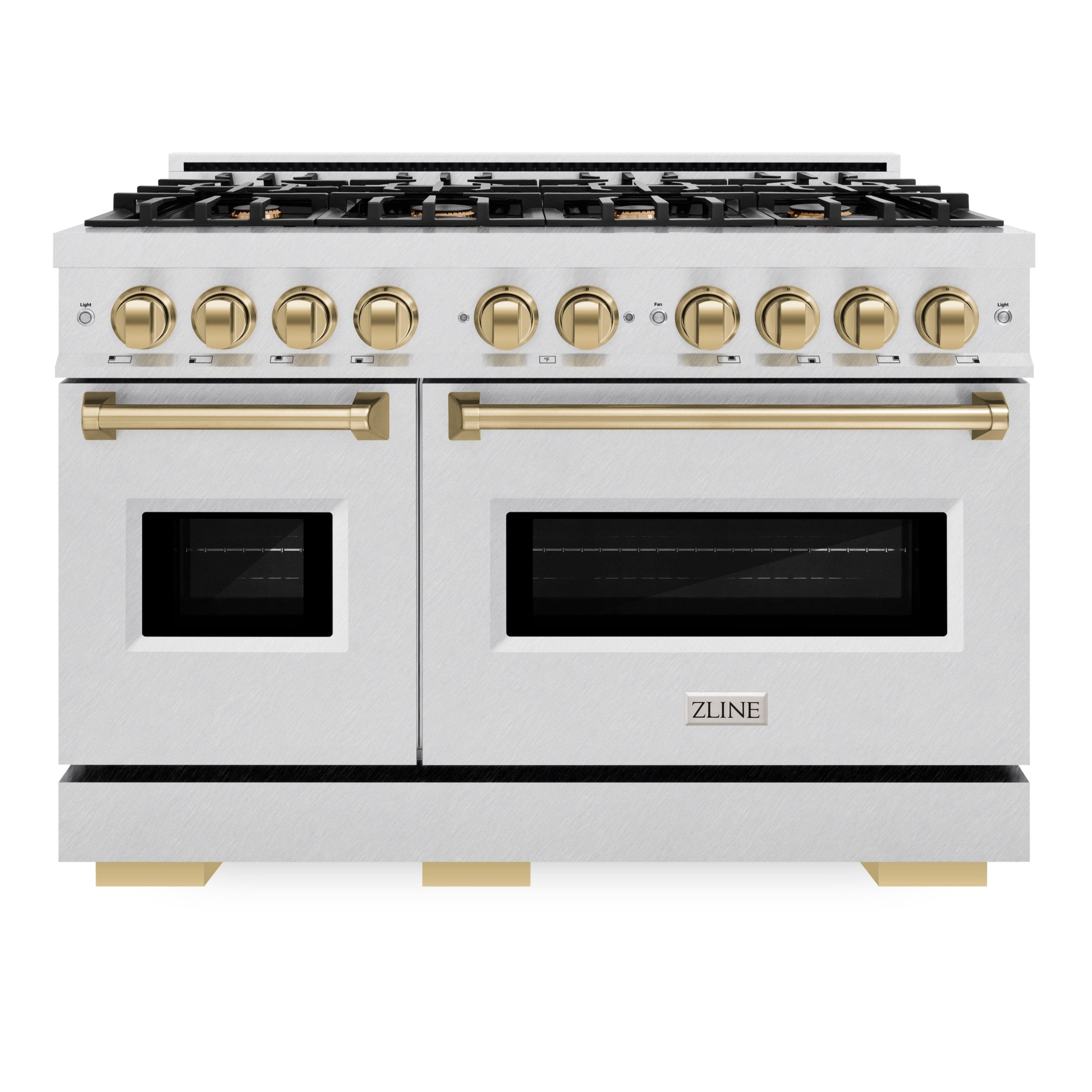 ZLINE 48 in. Double Oven Gas Range with 8 Burner Cooktop – 6.7 cu. ft. – Satin Stainless Steel with Champagne Bronze Accents (CGRSZ-48-CB)