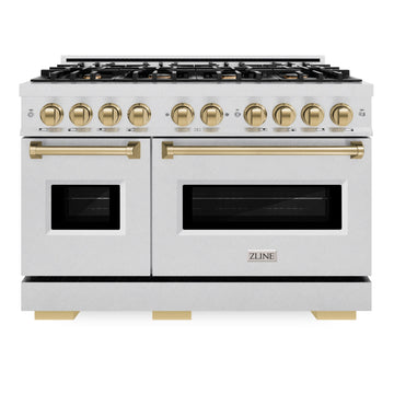 ZLINE 48 in. Double Oven Gas Range with 8 Burner Cooktop – 6.7 cu. ft. – Satin Stainless Steel with Champagne Bronze Accents (CGRSZ-48-CB)