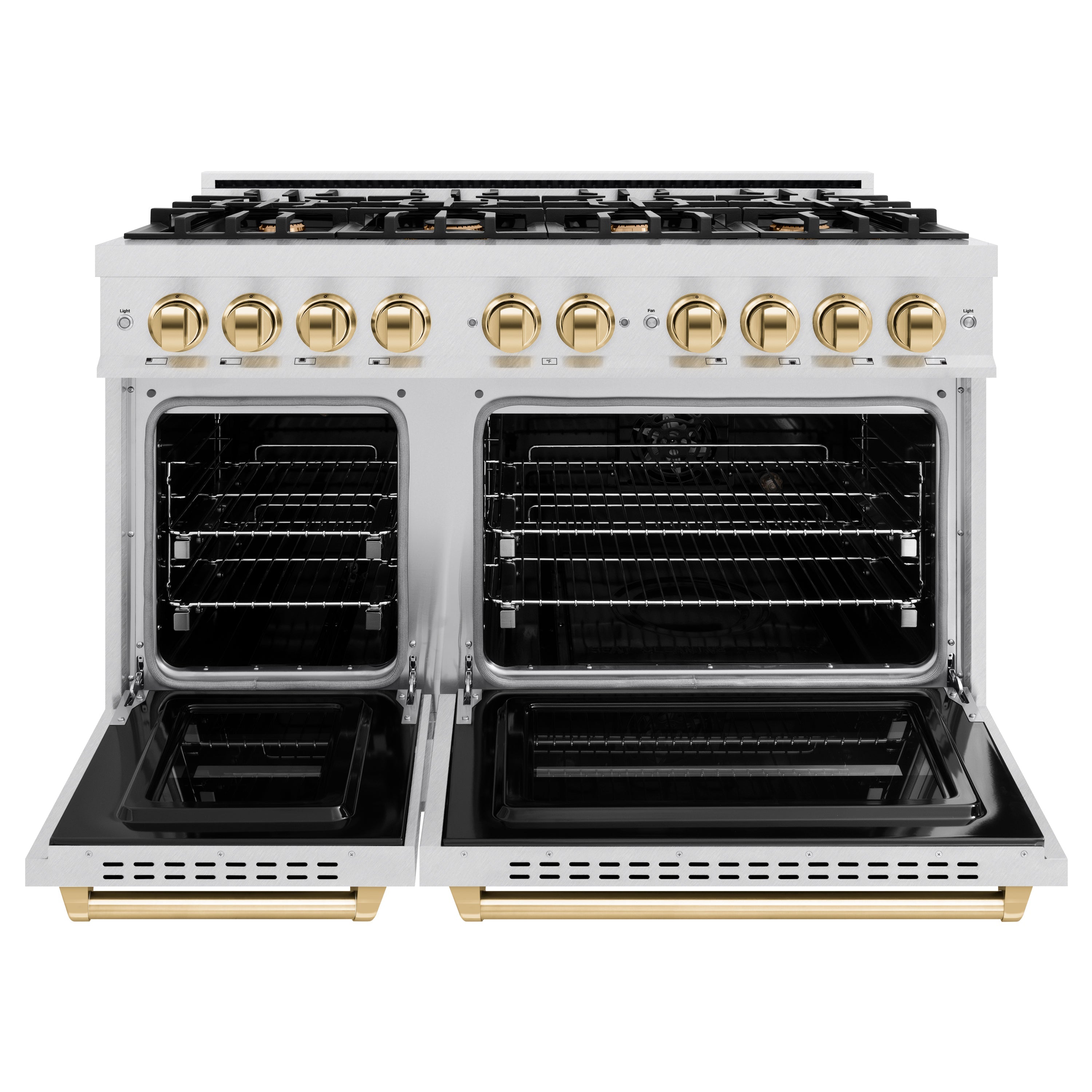ZLINE 48 in. Gas Range Double Oven 6.7 cu. ft. 8 Brass Burners Satin Stainless Steel Polished Gold Accents (CGRSZ-48-G)