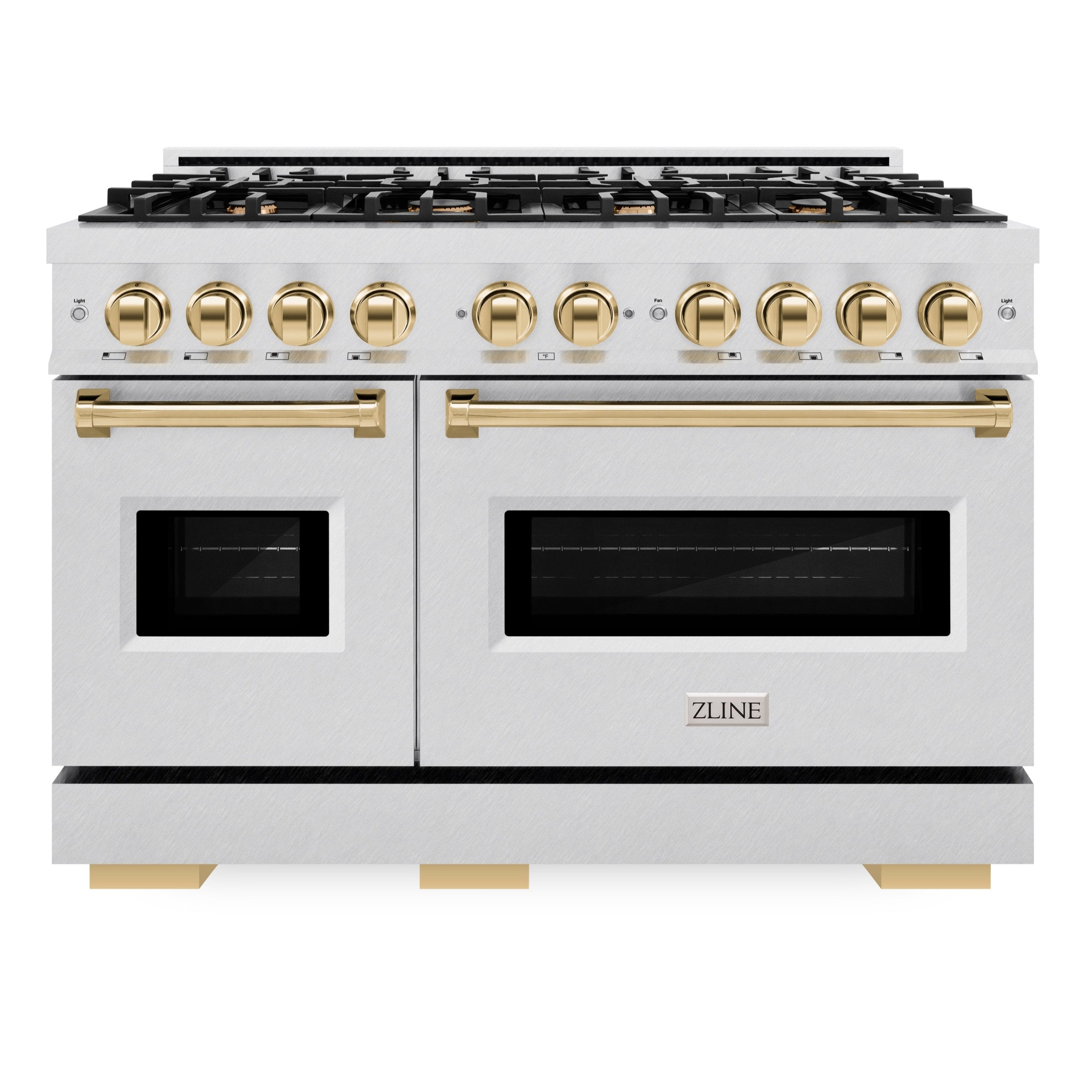 ZLINE 48 in. Gas Range Double Oven 6.7 cu. ft. 8 Brass Burners Satin Stainless Steel Polished Gold Accents (CGRSZ-48-G)