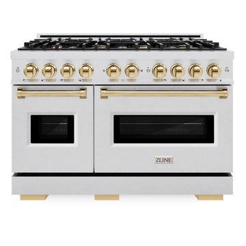 ZLINE 48 in. Gas Range Double Oven 6.7 cu. ft. 8 Brass Burners Satin Stainless Steel Polished Gold Accents (CGRSZ-48-G)