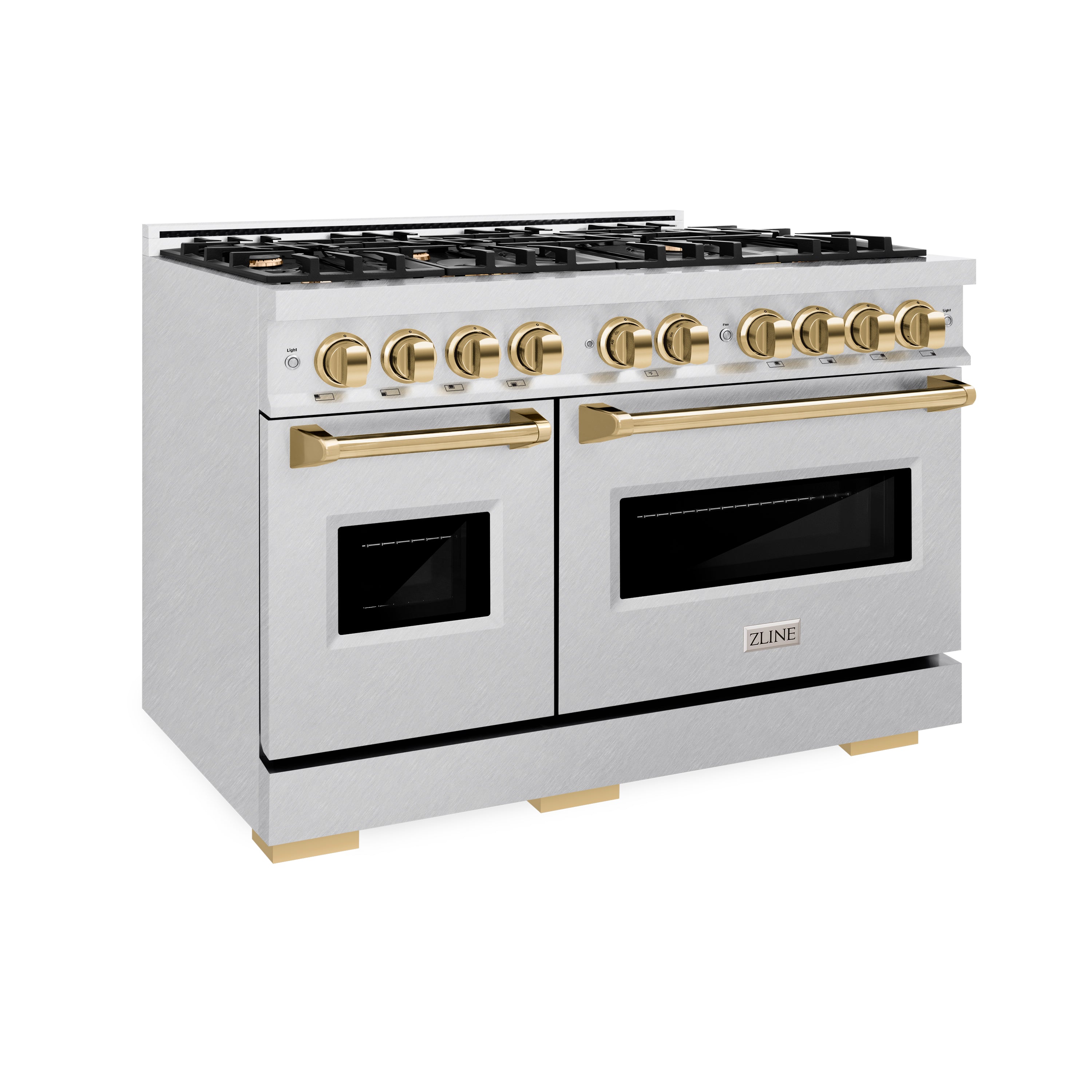 ZLINE 48 in. Gas Range Double Oven 6.7 cu. ft. 8 Brass Burners Satin Stainless Steel Polished Gold Accents (CGRSZ-48-G)