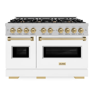 ZLINE 48 in. Dual Fuel Range Double Oven 6.7 cu. ft. with 8 Gas Burners, Satin Stainless Steel, White Matte Doors, Champagne Bronze Accents (CDRSZ-WM-48-CB)