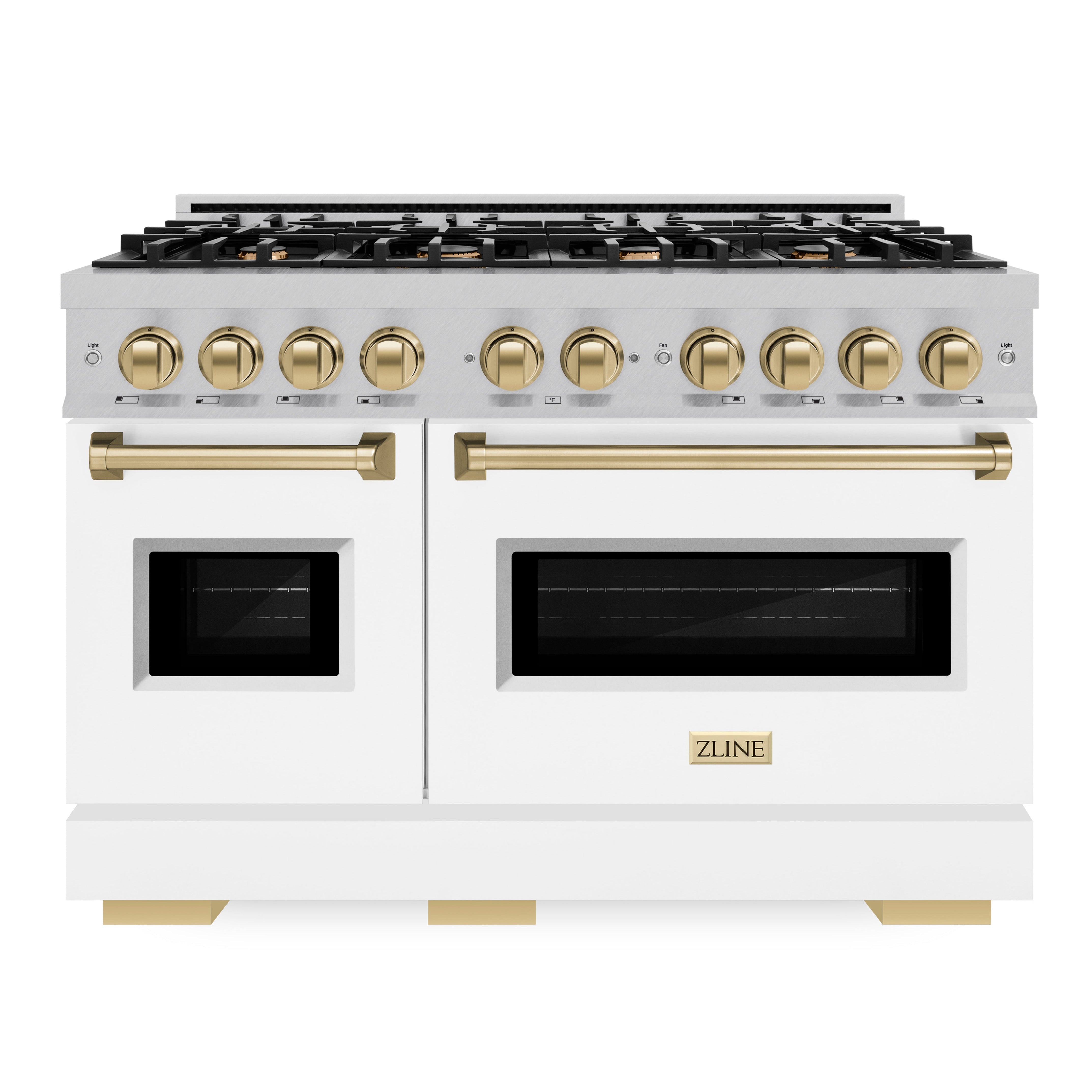 ZLINE 48 in. Dual Fuel Range Double Oven 6.7 cu. ft. with 8 Gas Burners, Satin Stainless Steel, White Matte Doors, Champagne Bronze Accents (CDRSZ-WM-48-CB)