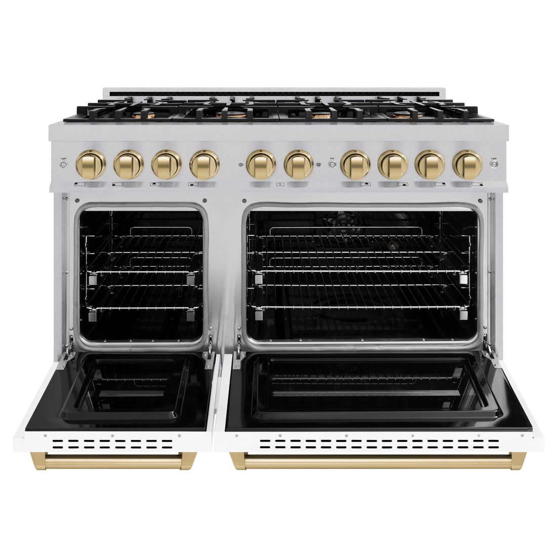 ZLINE 48 in. Dual Fuel Range Double Oven 6.7 cu. ft. with 8 Gas Burners, Satin Stainless Steel, White Matte Doors, Champagne Bronze Accents (CDRSZ-WM-48-CB)