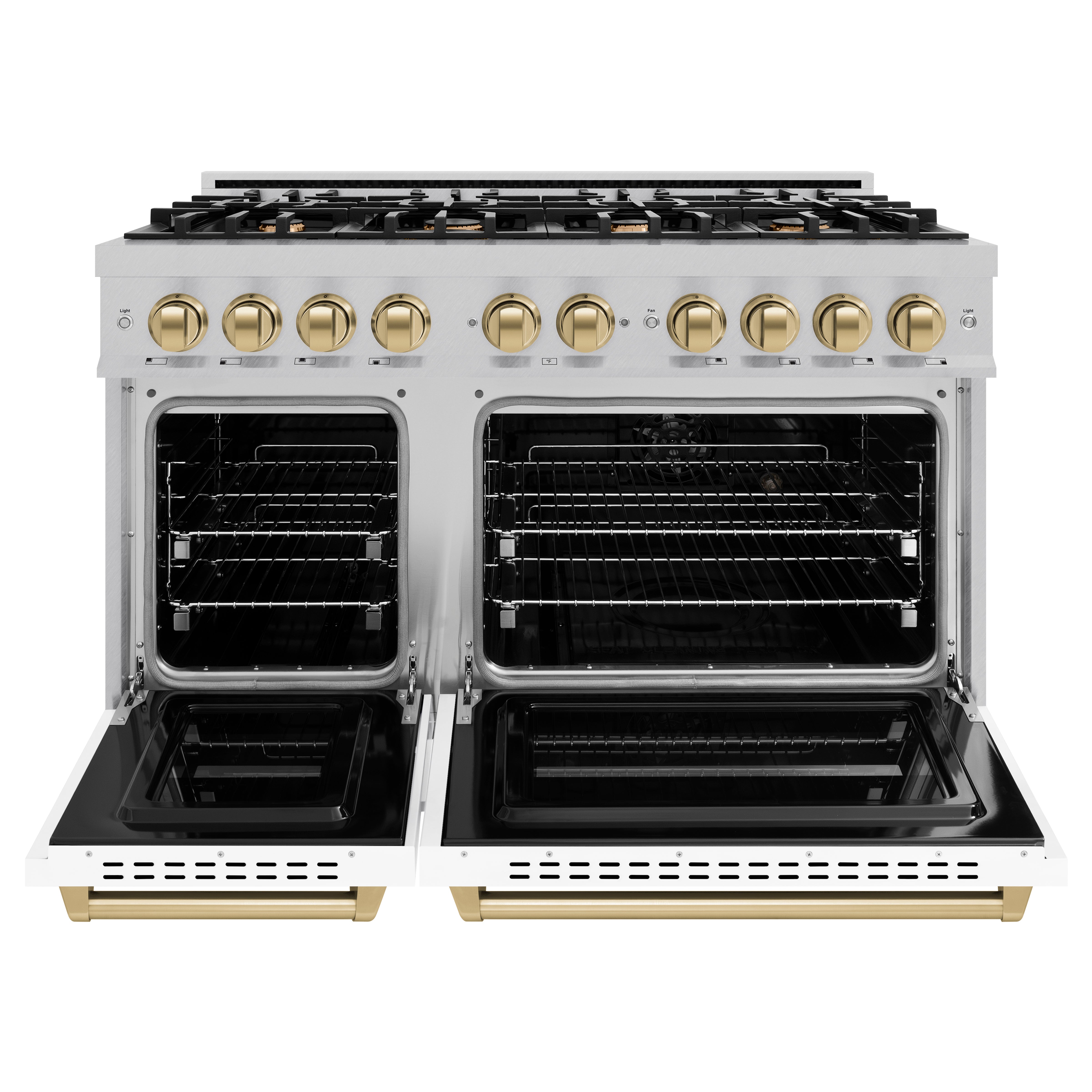 ZLINE 48 in. Dual Fuel Range Double Oven 6.7 cu. ft. with 8 Gas Burners, Satin Stainless Steel, White Matte Doors, Champagne Bronze Accents (CDRSZ-WM-48-CB)