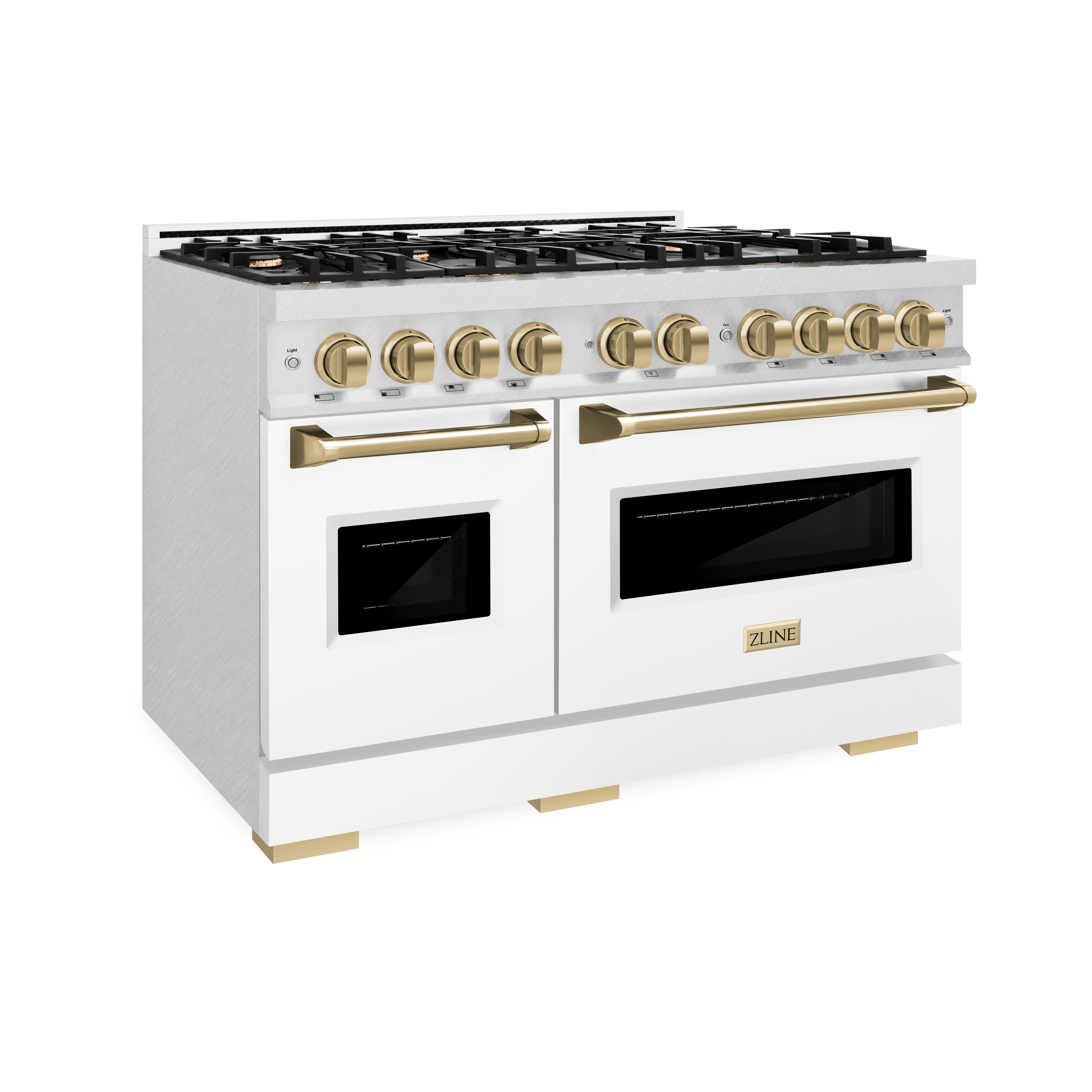 ZLINE 48 in. Dual Fuel Range Double Oven 6.7 cu. ft. with 8 Gas Burners, Satin Stainless Steel, White Matte Doors, Champagne Bronze Accents (CDRSZ-WM-48-CB)