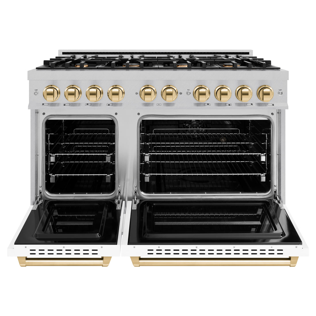 ZLINE 48 in. Dual Fuel Range 6.7 cu. ft. Double Oven with 8 Burner Gas Cooktop, Satin Stainless Steel, White Matte Doors, Polished Gold Accents (CDRSZ-WM-48-G)