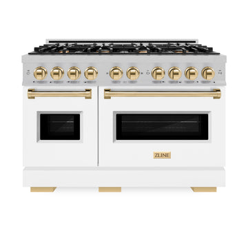 ZLINE 48 in. Dual Fuel Range 6.7 cu. ft. Double Oven with 8 Burner Gas Cooktop, Satin Stainless Steel, White Matte Doors, Polished Gold Accents (CDRSZ-WM-48-G)