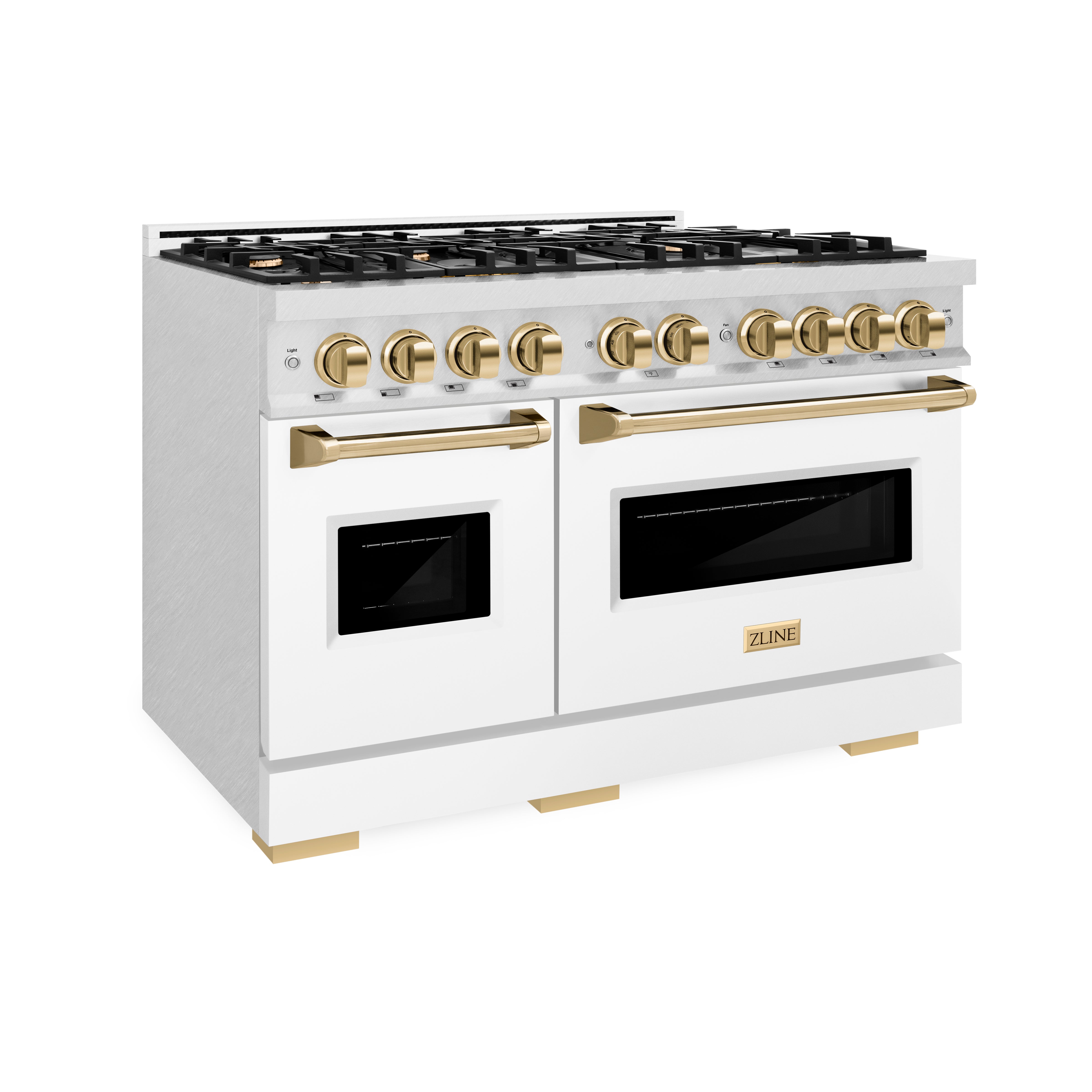 ZLINE 48 in. Dual Fuel Range 6.7 cu. ft. Double Oven with 8 Burner Gas Cooktop, Satin Stainless Steel, White Matte Doors, Polished Gold Accents (CDRSZ-WM-48-G)