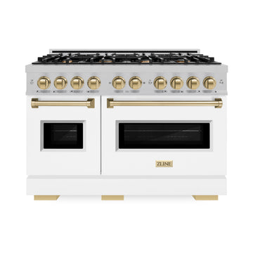 ZLINE 48 in. Double Oven Gas Range 6.7 cu. ft. 8 Burner Cooktop Satin Stainless Steel White Matte Doors Champagne Bronze Accents (CGRSZ-WM-48-CB)