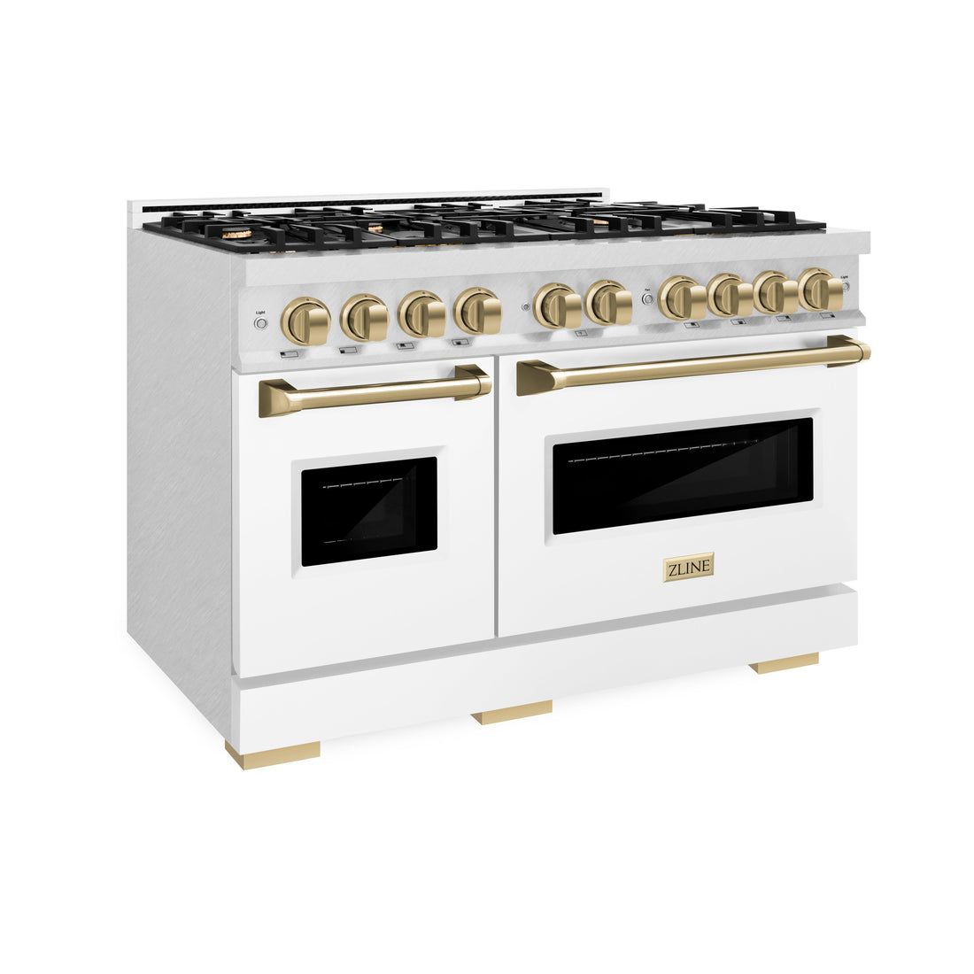 ZLINE 48 in. Double Oven Gas Range 6.7 cu. ft. 8 Burner Cooktop Satin Stainless Steel White Matte Doors Champagne Bronze Accents (CGRSZ-WM-48-CB)