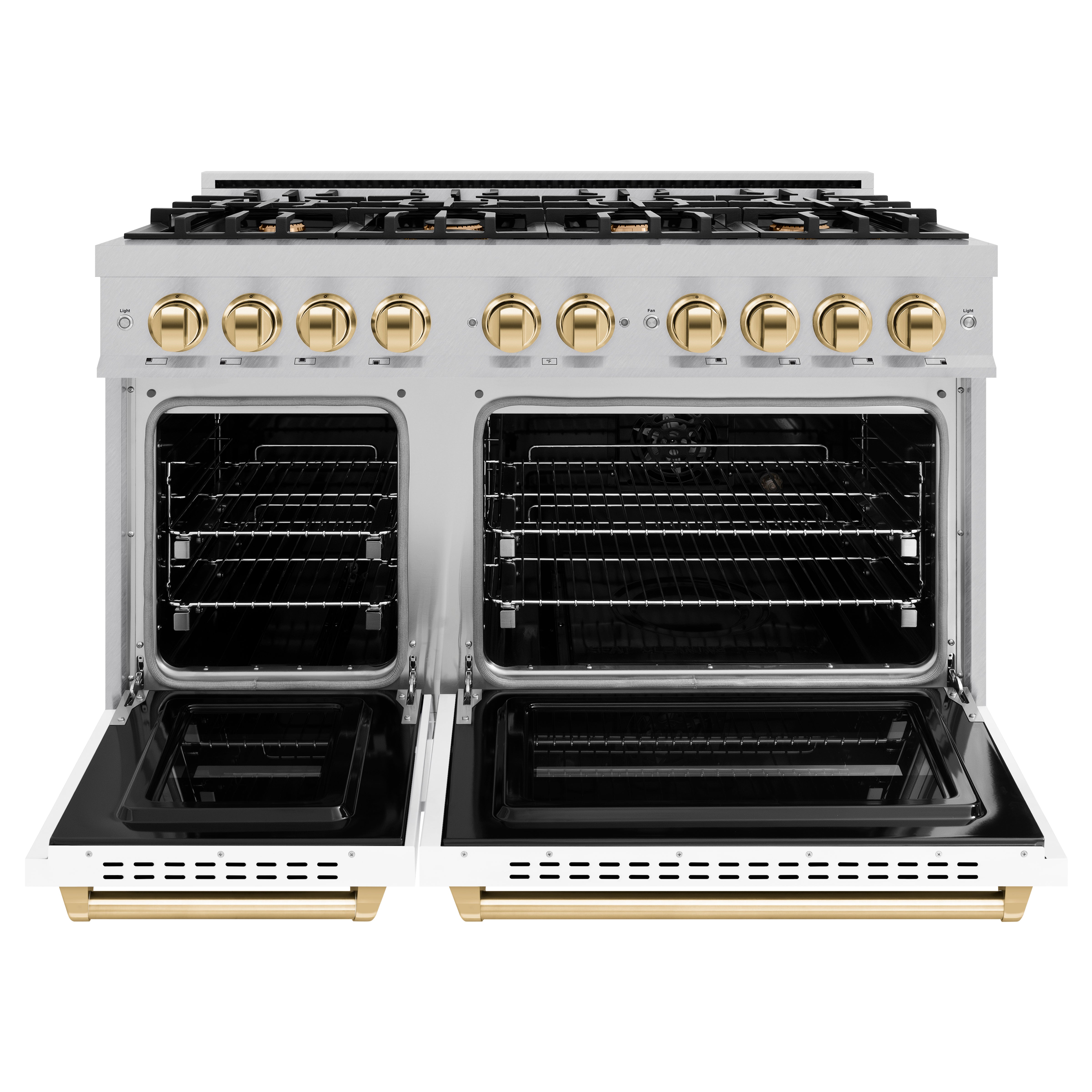 ZLINE Autograph Edition 48 in. 6.7 cu. ft. Classic Double Oven Gas Range with 8 Burner Gas Cooktop in Satin Stainless Steel with White Matte Doors and Polished Gold Accents (CGRSZ-WM-48-G)