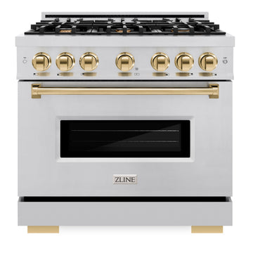 ZLINE Autograph Edition 36 in. 5.2 cu. ft. Classic Dual Fuel Range with 6 Burner Gas Cooktop and Electric Convection Oven in Stainless Steel with Polished Gold Accents (CDRZ-36-G)
