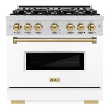 ZLINE Autograph Edition 36 in. 5.2 cu. ft. Classic Dual Fuel Range with 6 Burner Gas Cooktop and Electric Convection Oven in Stainless Steel with White Matte Door and Champagne Bronze Accents (CDRZ-WM-36-CB)