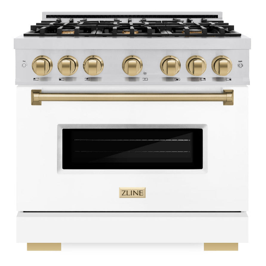 ZLINE Autograph Edition 36 in. 5.2 cu. ft. Classic Dual Fuel Range with 6 Burner Gas Cooktop and Electric Convection Oven in Stainless Steel with White Matte Door and Champagne Bronze Accents (CDRZ-WM-36-CB)