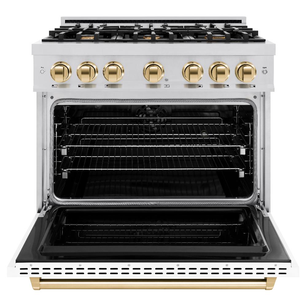 ZLINE Autograph Edition 36 in. 5.2 cu. ft. Classic Dual Fuel Range with 6 Gas Burners, Electric Convection Oven, Stainless Steel with White Matte Door and Polished Gold Accents (CDRZ-WM-36-G)