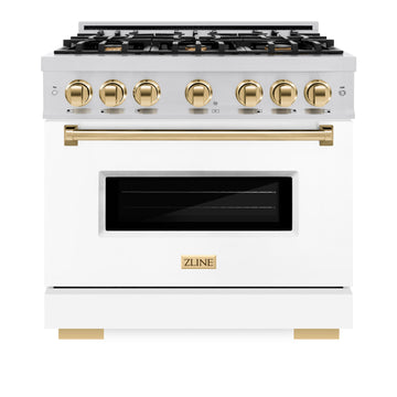 ZLINE Autograph Edition 36 in. 5.2 cu. ft. Classic Dual Fuel Range with 6 Gas Burners, Electric Convection Oven, Stainless Steel with White Matte Door and Polished Gold Accents (CDRZ-WM-36-G)