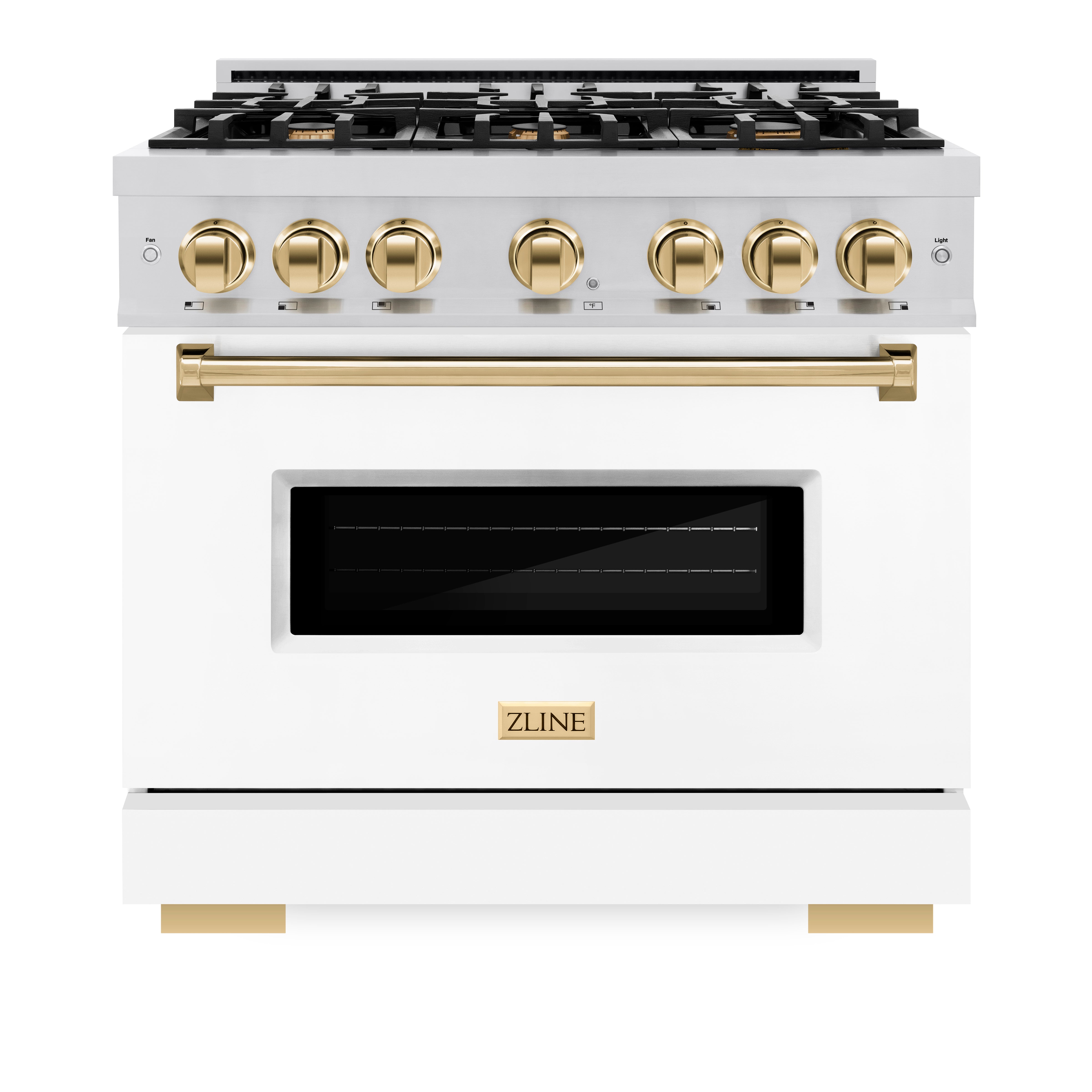 ZLINE Autograph Edition 36 in. 5.2 cu. ft. Classic Dual Fuel Range with 6 Gas Burners, Electric Convection Oven, Stainless Steel with White Matte Door and Polished Gold Accents (CDRZ-WM-36-G)