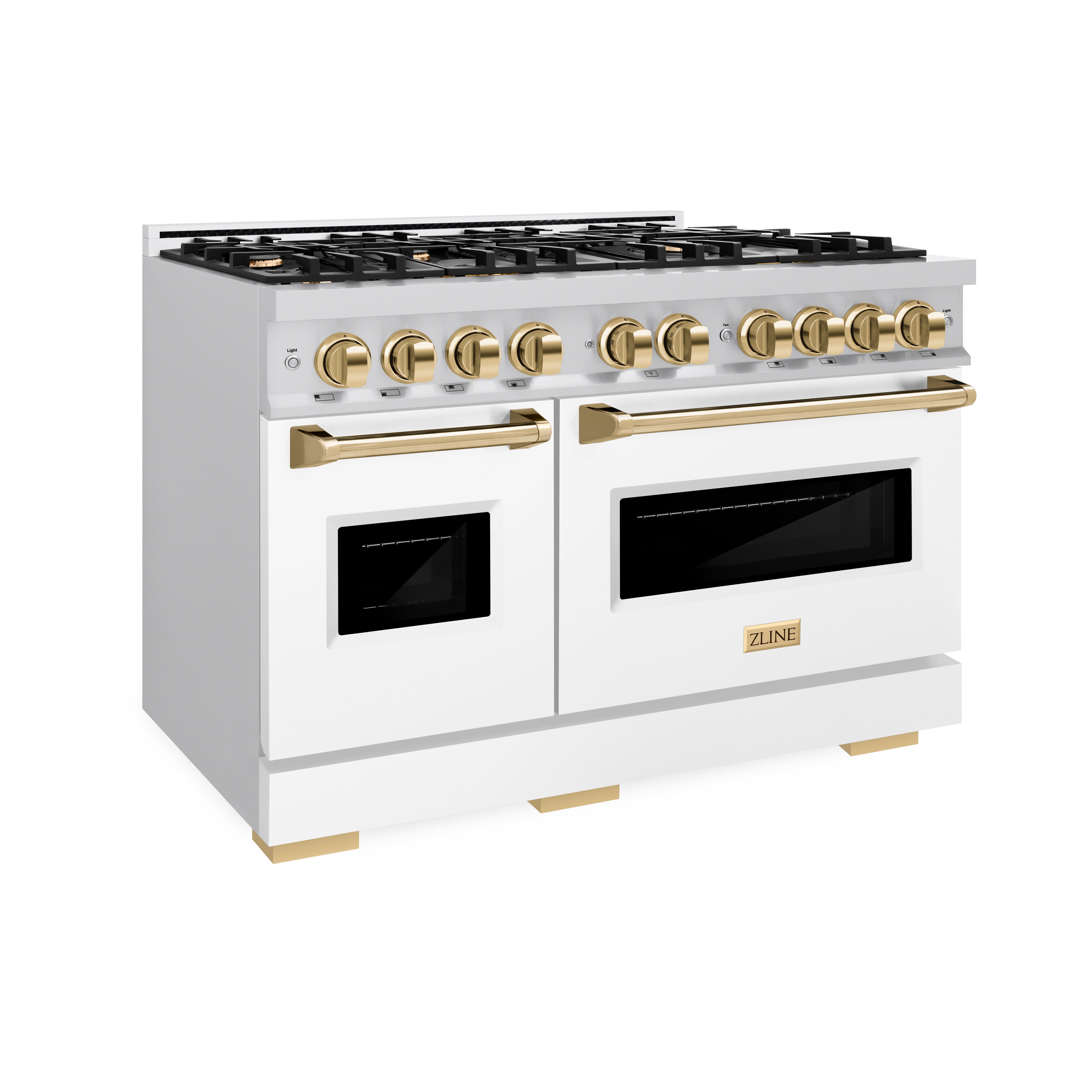 ZLINE Autograph Edition 48 in. Double Oven Dual Fuel Range with 8 Gas Burners, 6.7 cu. ft., Stainless Steel with White Matte Doors and Polished Gold Accents (CDRZ-WM-48-G)