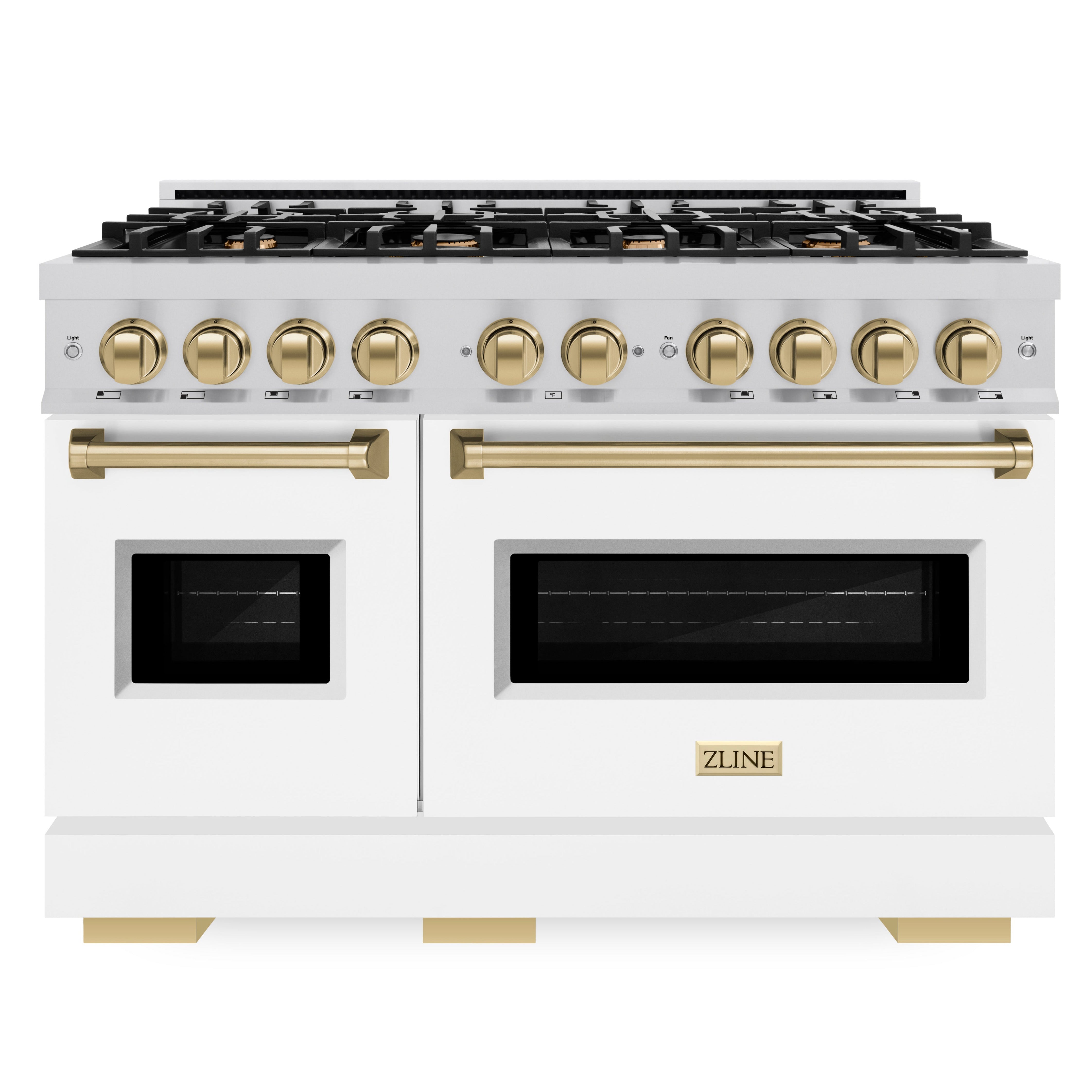 ZLINE 48 in. Classic Double Oven Gas Range 6.7 cu. ft. with 8 Burners, Stainless Steel, White Matte Doors & Champagne Bronze Accents (CGRZ-WM-48-CB)
