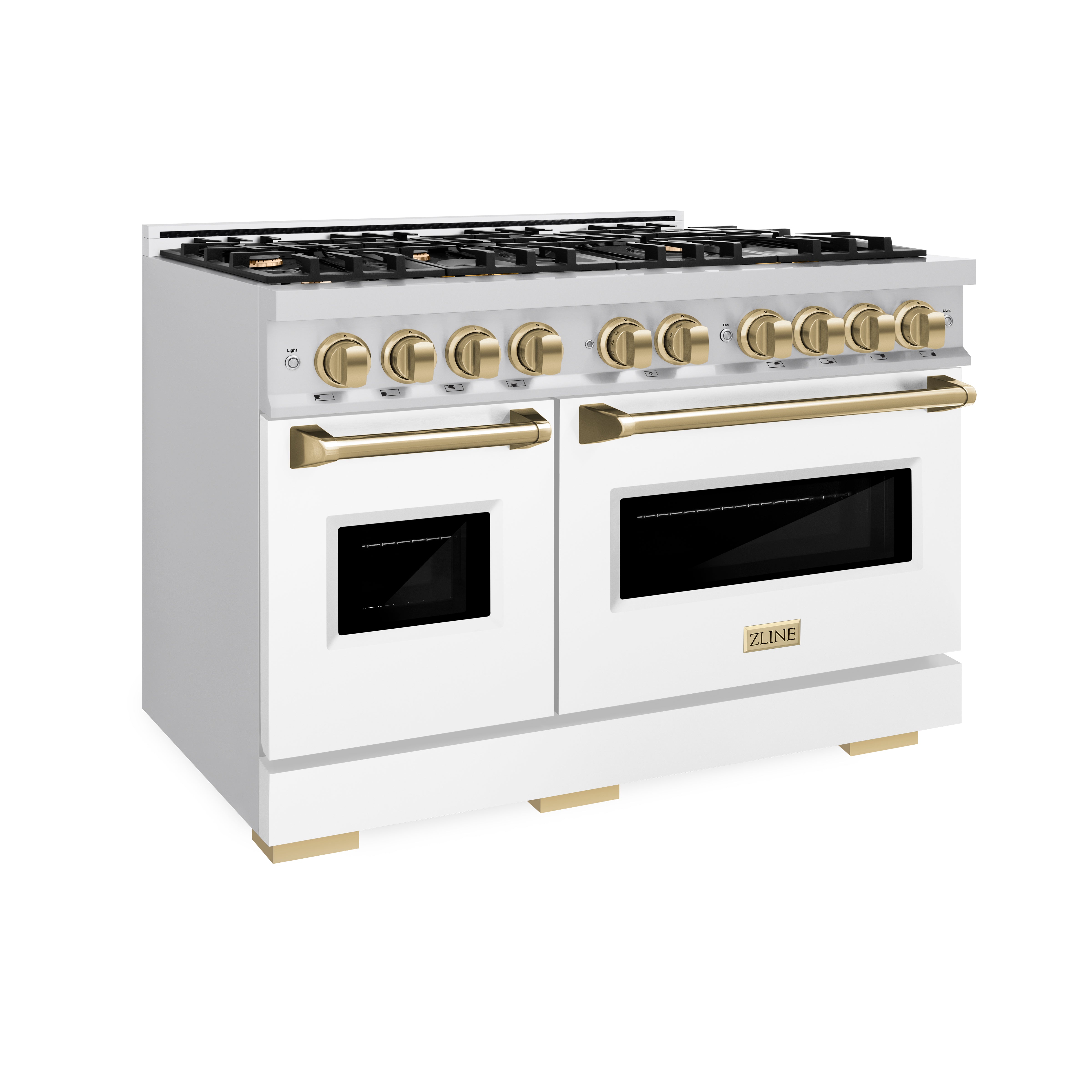 ZLINE 48 in. Classic Double Oven Gas Range 6.7 cu. ft. with 8 Burners, Stainless Steel, White Matte Doors & Champagne Bronze Accents (CGRZ-WM-48-CB)