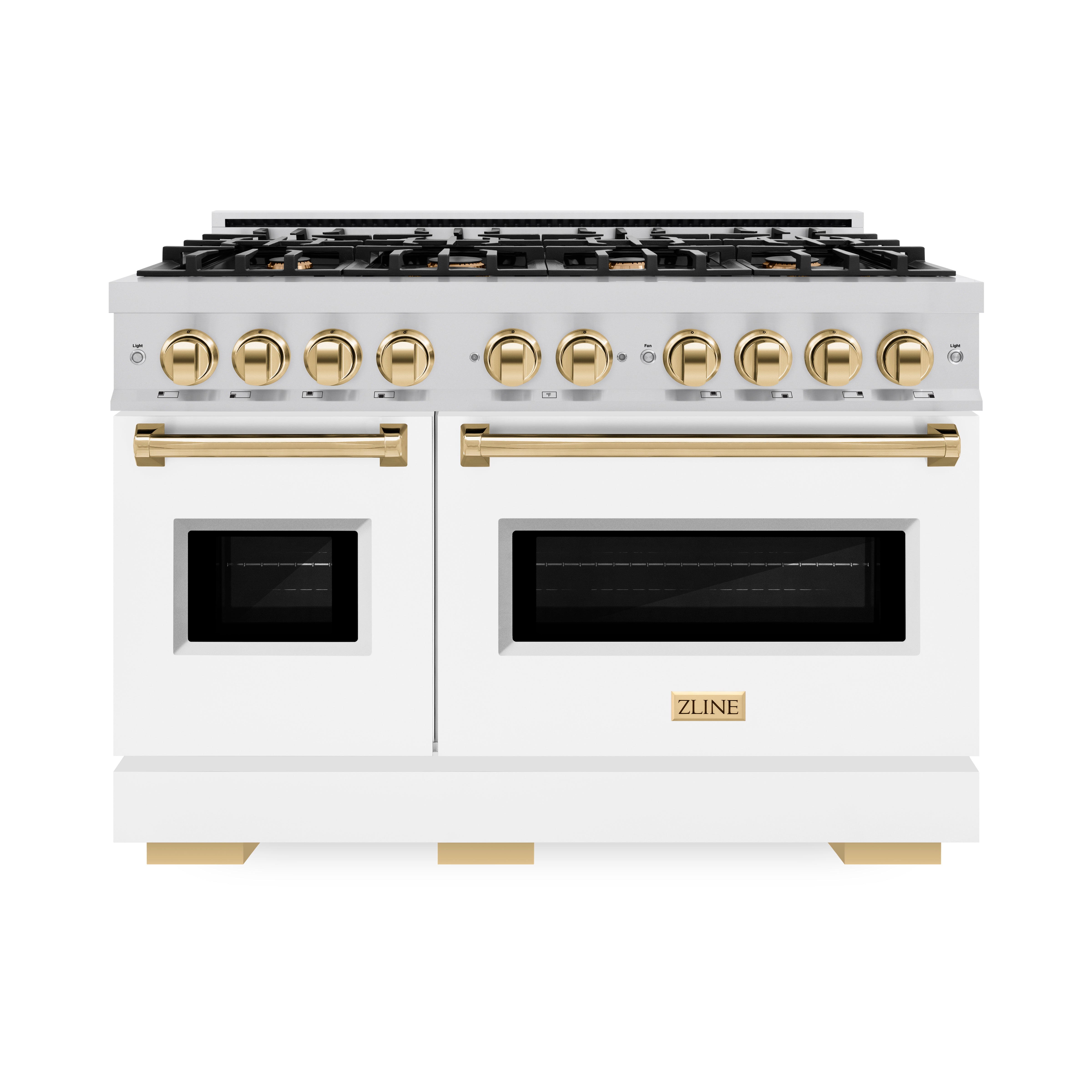 ZLINE 48 in. Classic Double Oven Gas Range 6.7 cu. ft. 8 Burners Stainless Steel White Matte Doors Polished Gold Accents (CGRZ-WM-48-G)