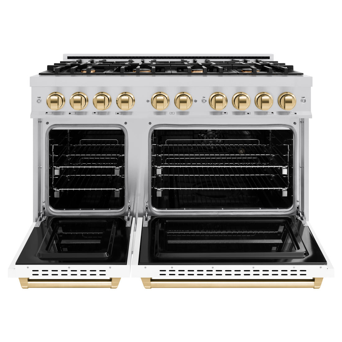 ZLINE 48 in. Classic Double Oven Gas Range 6.7 cu. ft. 8 Burners Stainless Steel White Matte Doors Polished Gold Accents (CGRZ-WM-48-G)