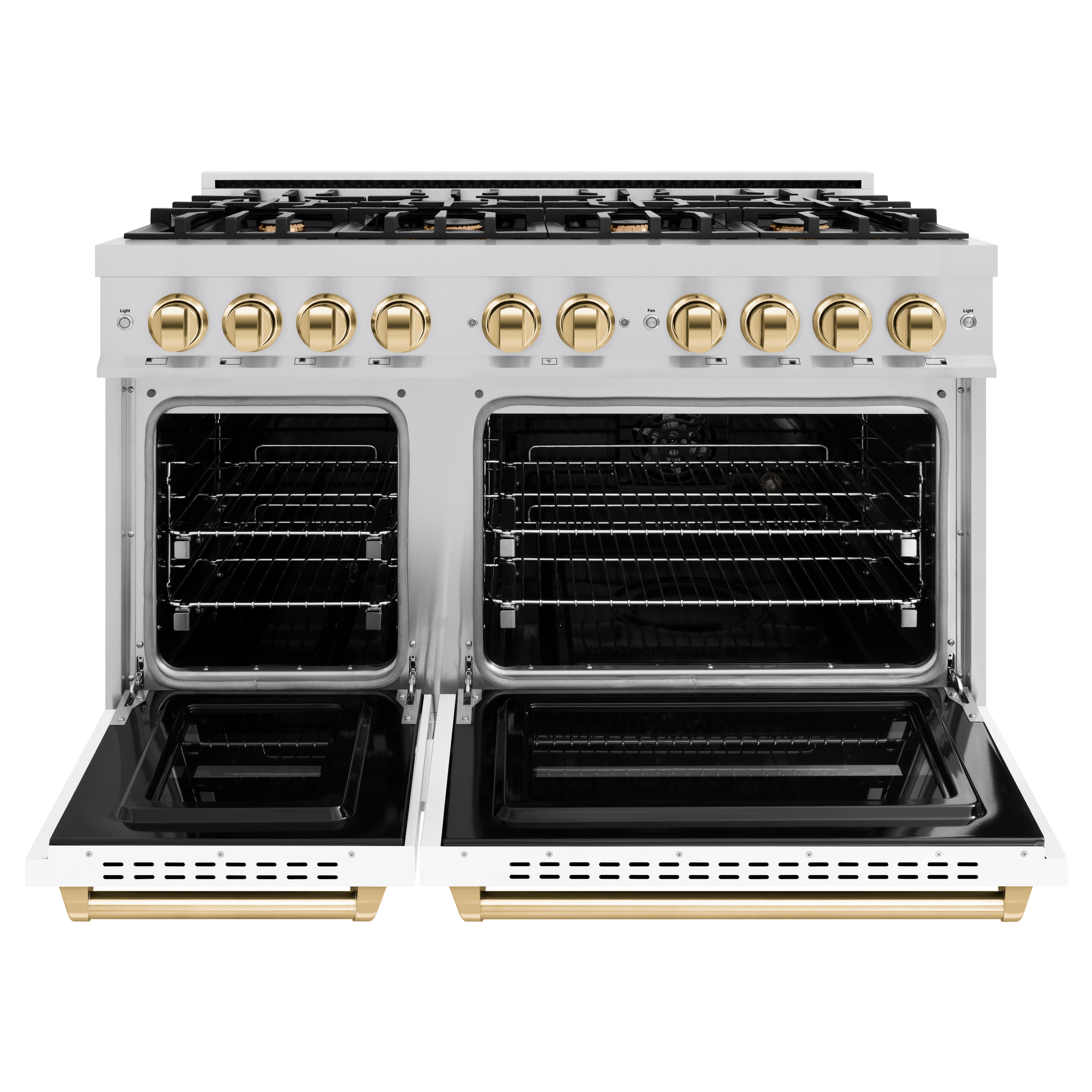 ZLINE 48 in. Classic Double Oven Gas Range 6.7 cu. ft. 8 Burners Stainless Steel White Matte Doors Polished Gold Accents (CGRZ-WM-48-G)