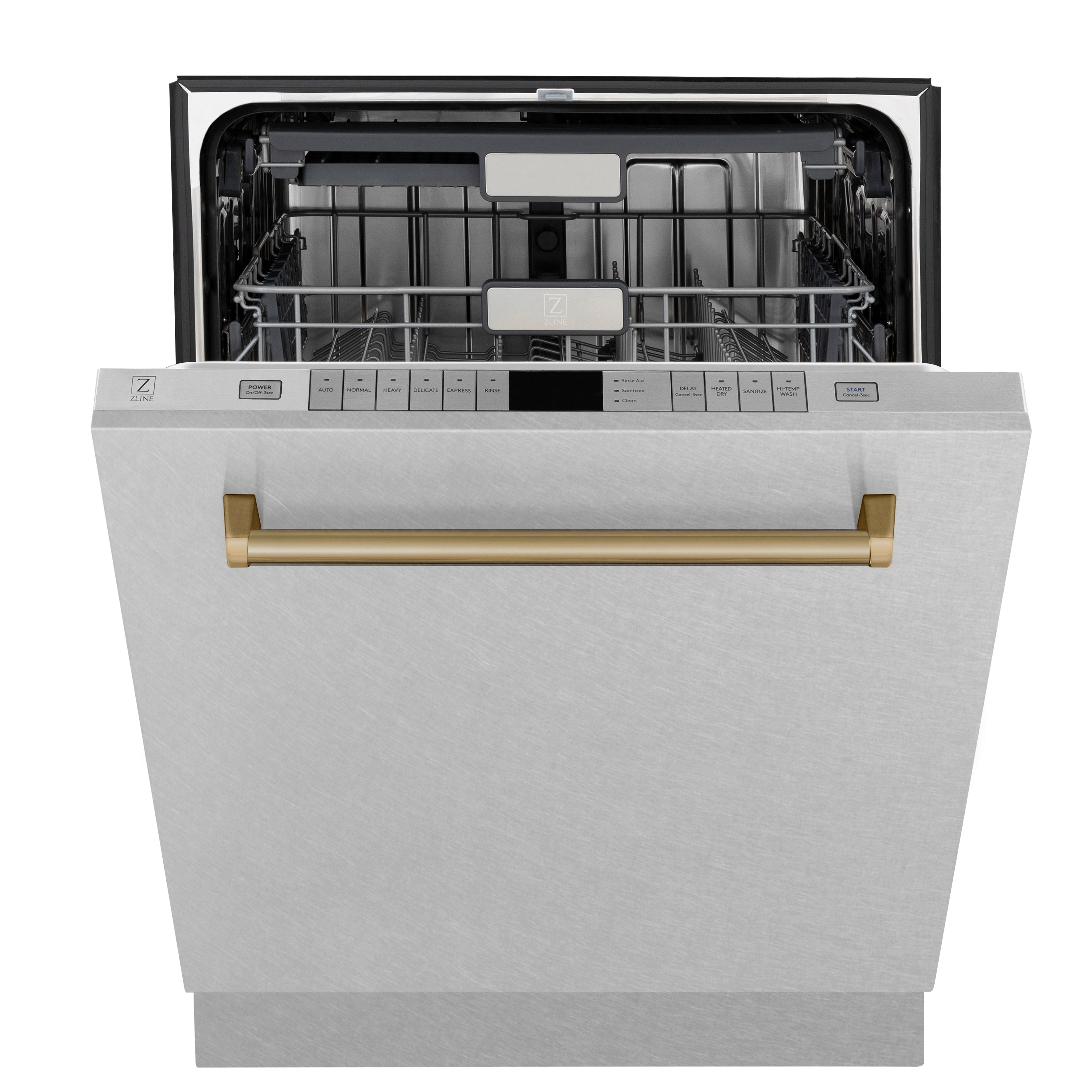 ZLINE Autograph 24 in. Tall Tub Dishwasher with 3rd Rack, Top Touch Controls, Satin Stainless Steel, Champagne Bronze Handle, 45 dBA, DWMTZ-SN-24-CB