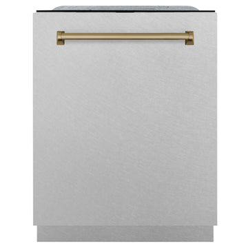 ZLINE Autograph 24 in. Tall Tub Dishwasher with 3rd Rack, Top Touch Controls, Satin Stainless Steel, Champagne Bronze Handle, 45 dBA, DWMTZ-SN-24-CB