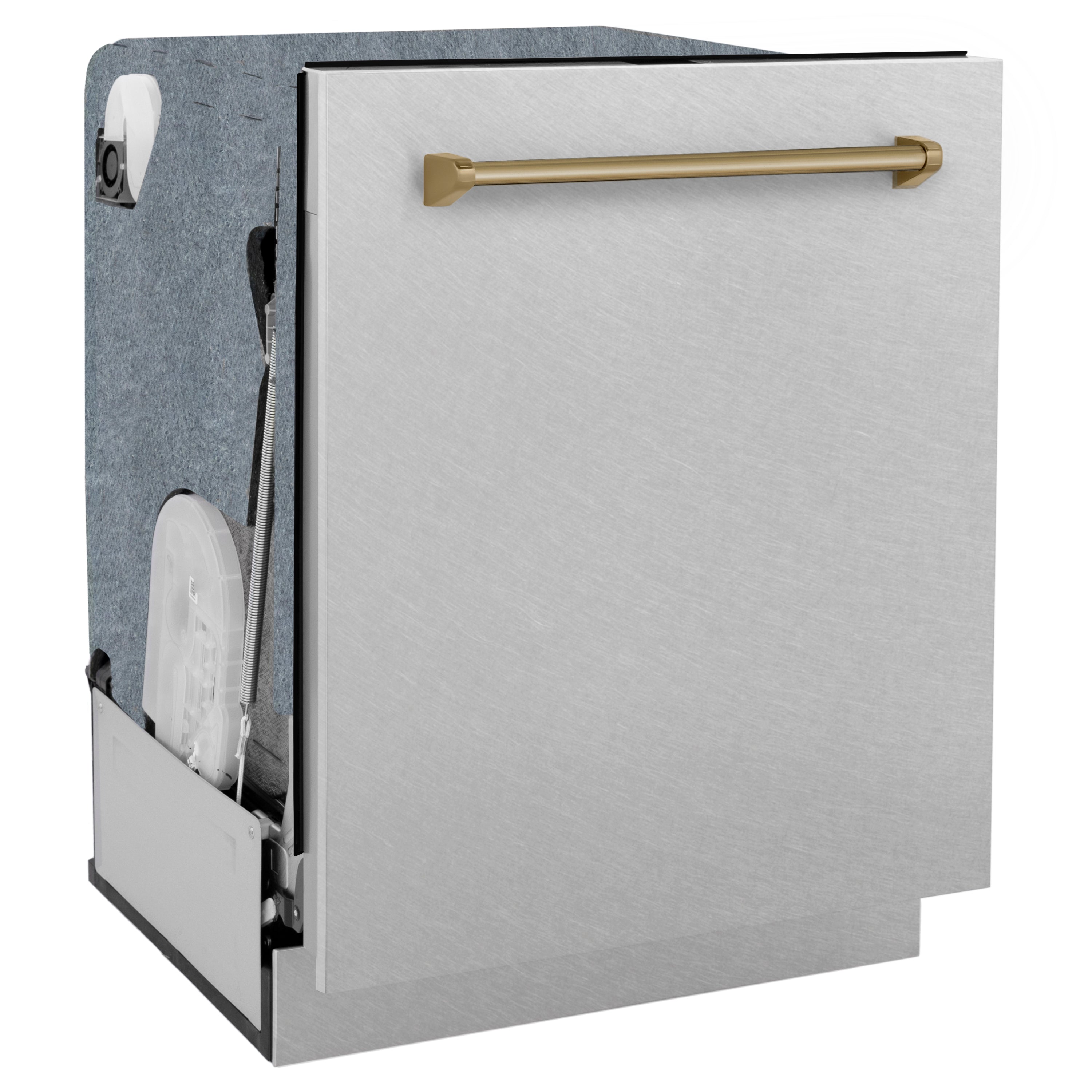 ZLINE Autograph 24 in. Tall Tub Dishwasher with 3rd Rack, Top Touch Controls, Satin Stainless Steel, Champagne Bronze Handle, 45 dBA, DWMTZ-SN-24-CB