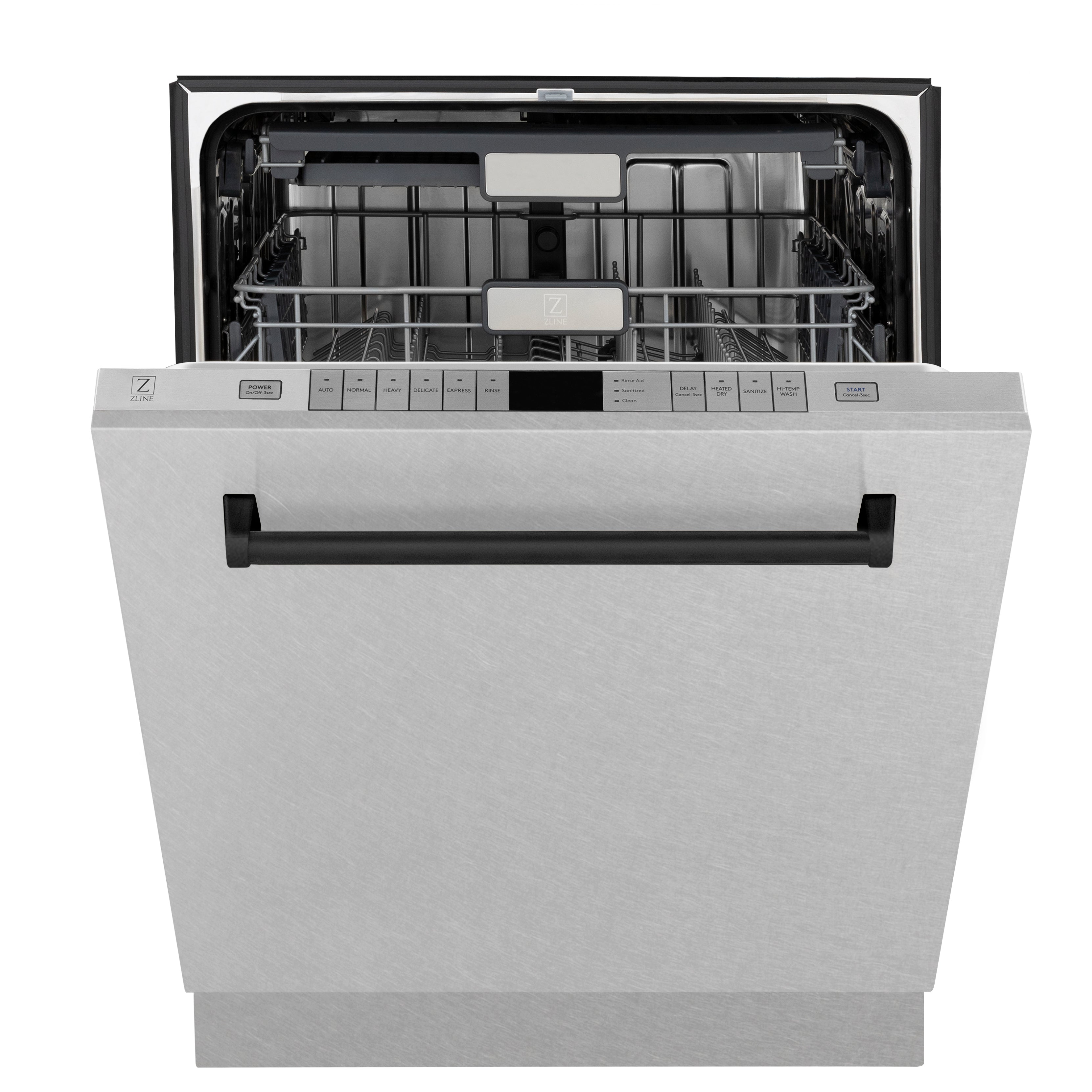 ZLINE Autograph 24-Inch Monument Series Built-In Tall Tub Dishwasher with 3rd Rack, Top Control, Satin Stainless Steel Panel, Matte Black Handle, 45 dBA, DWMTZ-SN-24-MB
