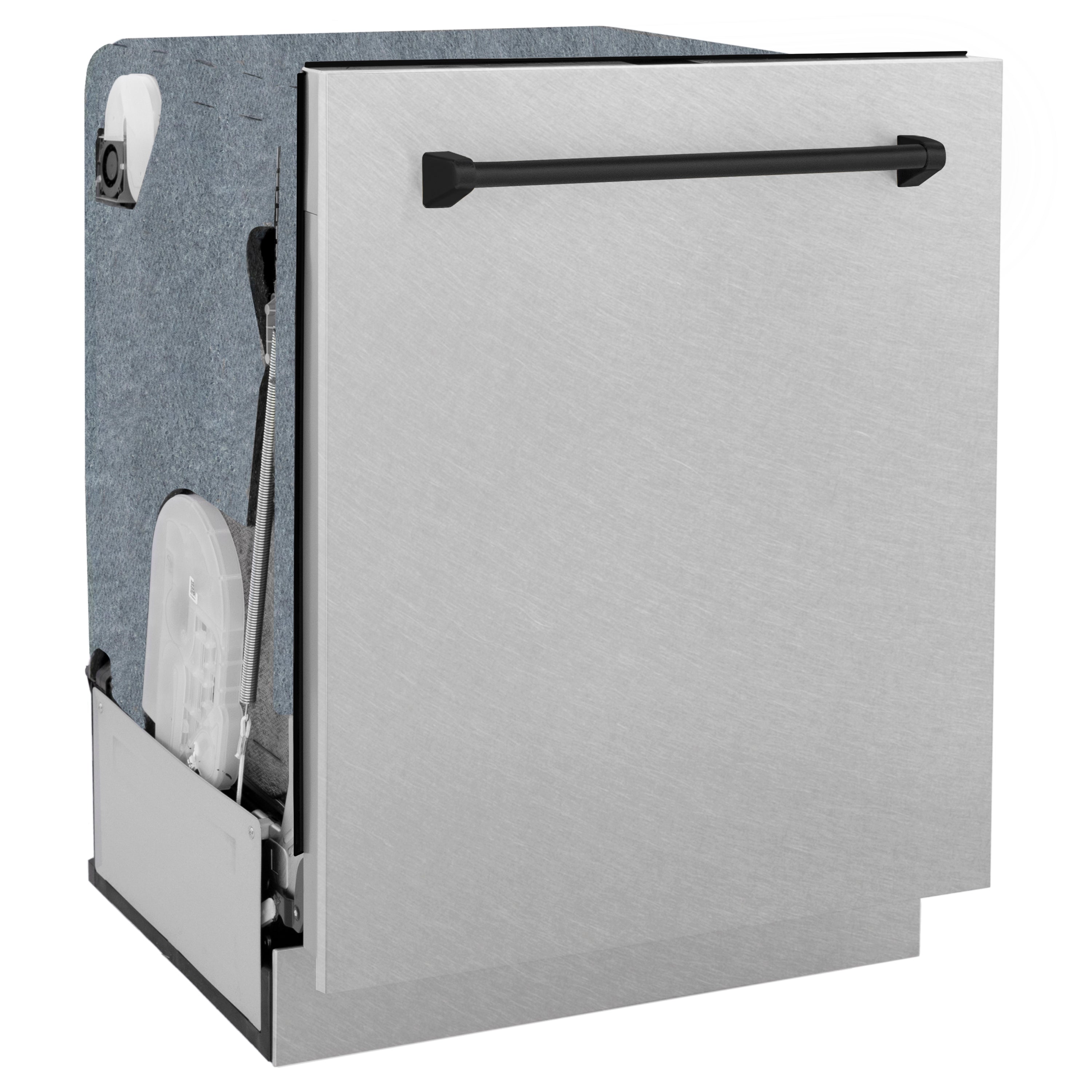ZLINE Autograph 24-Inch Monument Series Built-In Tall Tub Dishwasher with 3rd Rack, Top Control, Satin Stainless Steel Panel, Matte Black Handle, 45 dBA, DWMTZ-SN-24-MB
