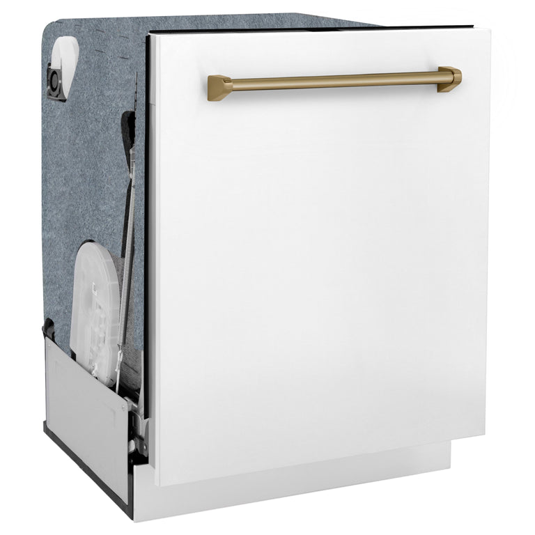 ZLINE Autograph Package - 48" Dual Fuel Range, Range Hood, and Dishwasher in White Matte and Satin Stainless Steel with Bronze Accents, 3AKPR-RASWMRHDWM48-CB