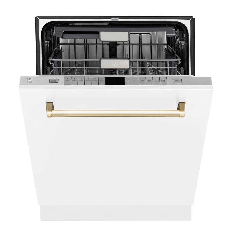 ZLINE Autograph Package - 48" Dual Fuel Range, Range Hood, and Dishwasher in White Matte and Satin Stainless Steel with Gold Accents, 3AKPR-RASWMRHDWM48-G