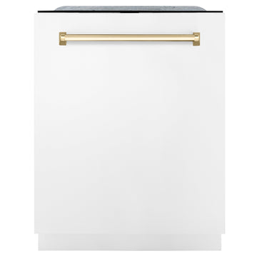 ZLINE Autograph Edition 24-Inch Tall Built-In Dishwasher with Touch Controls, White Matte Finish, Gold Handle, DWMTZ-WM-24-G