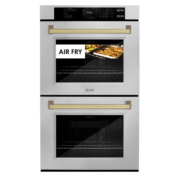 ZLINE 30" Autograph Professional True Convection Double Wall Oven with Air Fry and Self Clean in Satin Stainless Steel with Champagne Bronze Handles, WADSZ-30-CB
