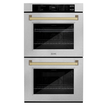 ZLINE 30" Autograph Professional True Convection Double Wall Oven with Air Fry and Self Clean in Satin Stainless Steel with Champagne Bronze Handles, WADSZ-30-CB